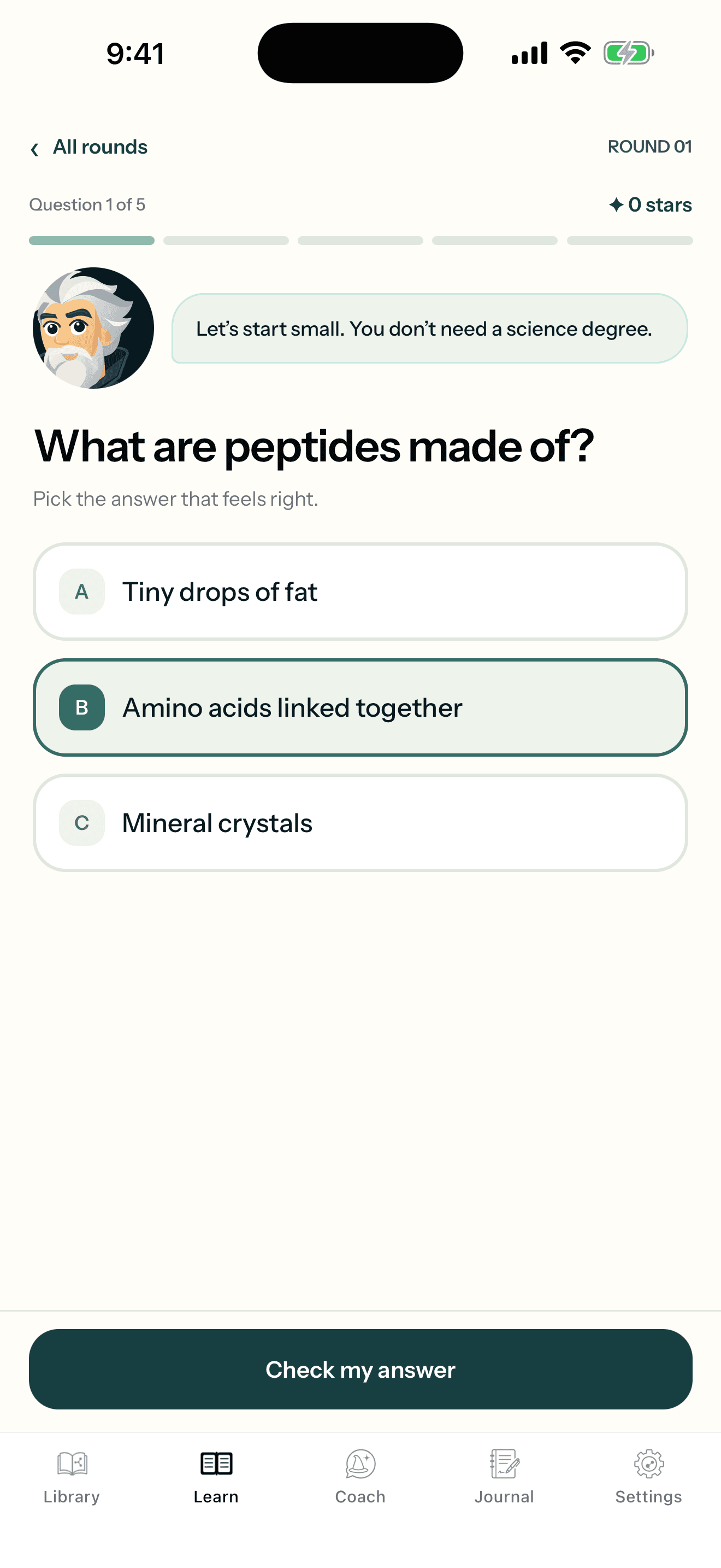Peptarch quiz in version 1.4 with a question about amino acids and an answer selected